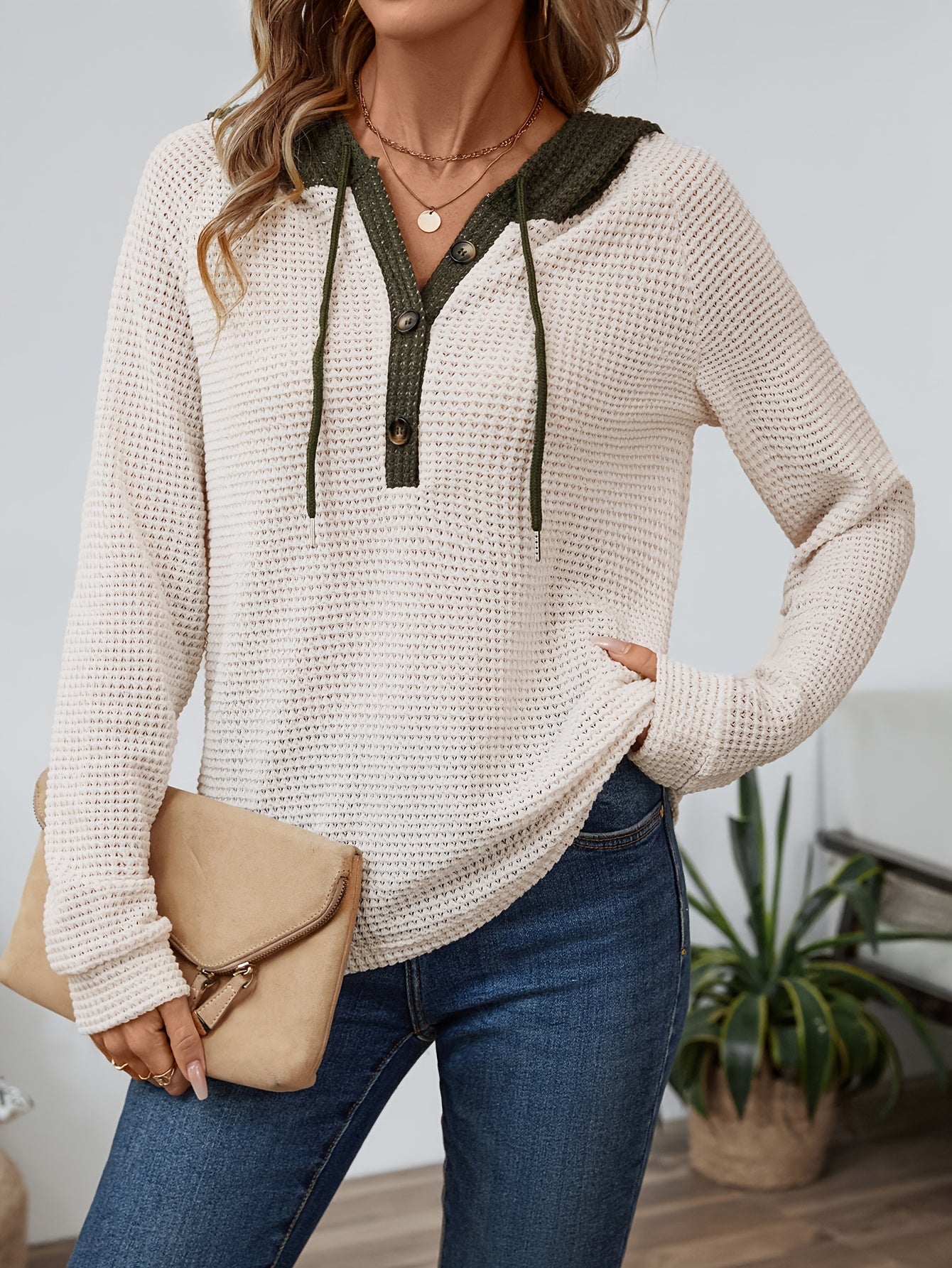 Relaxed waffle-texture hooded top
