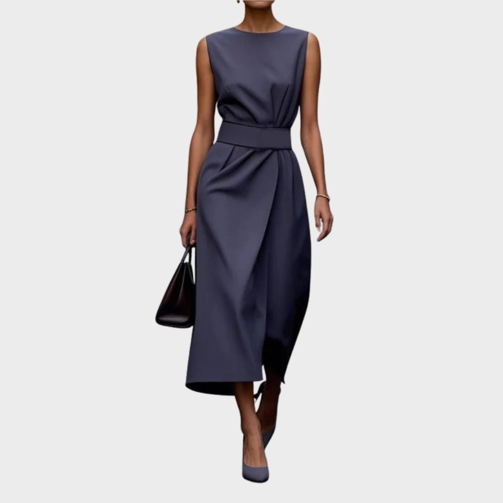 Dark Brown Round Neck Sleeveless Draped Midi Dress