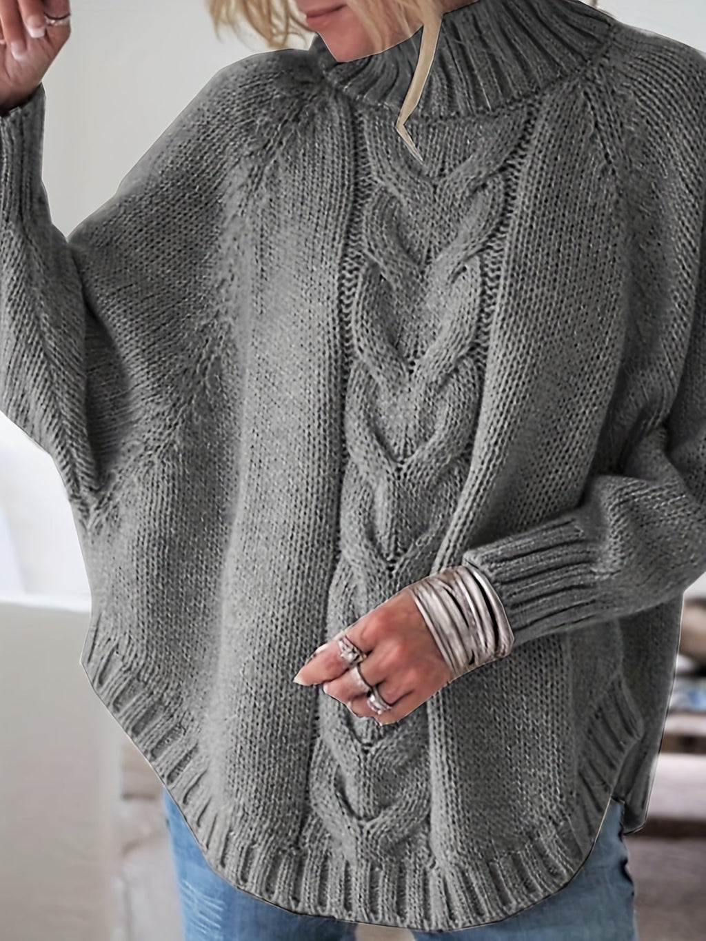 Dark Gray cable-knit high-neck sweater, front view