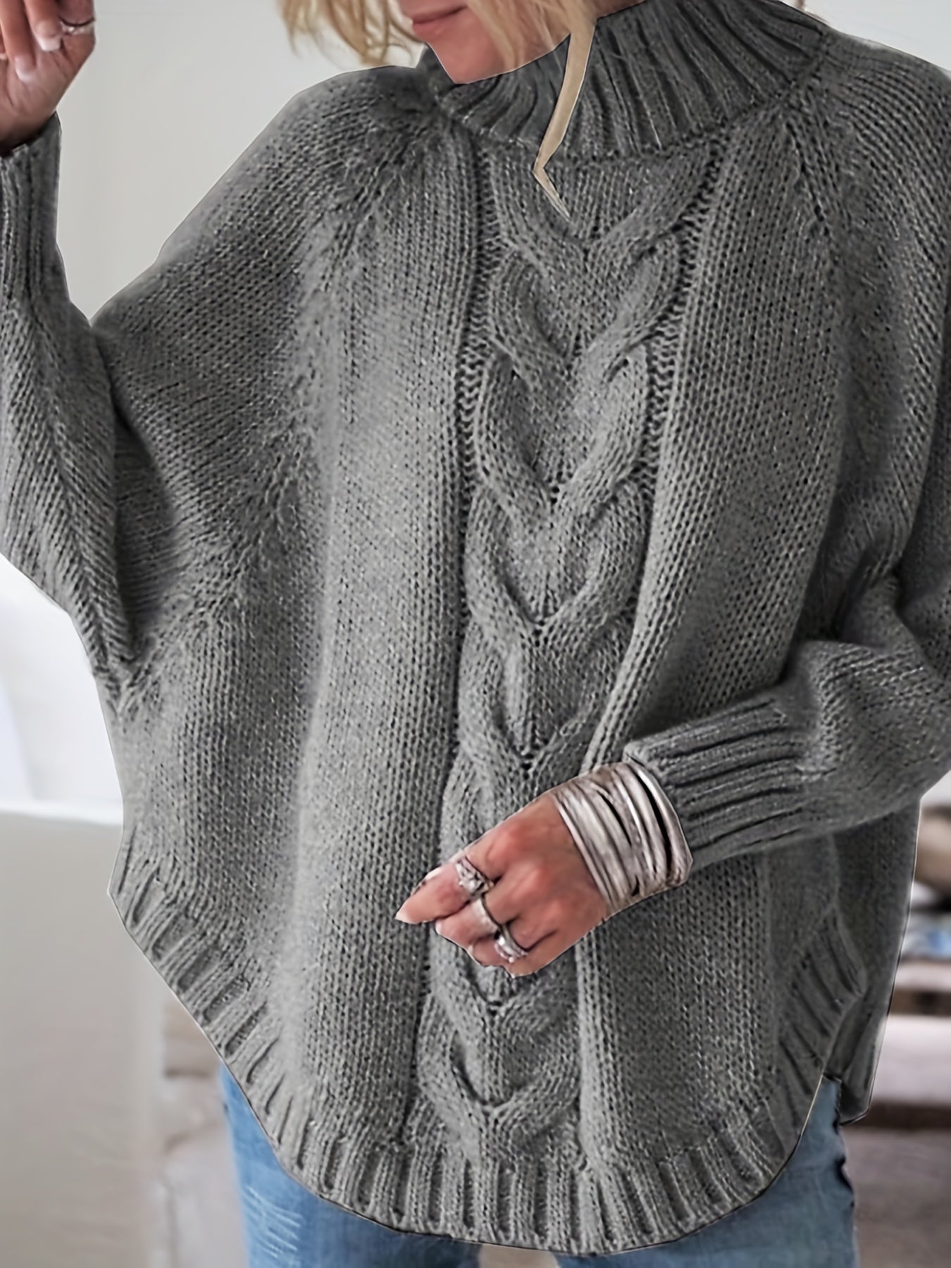 Dark Gray cable-knit high-neck sweater, front view