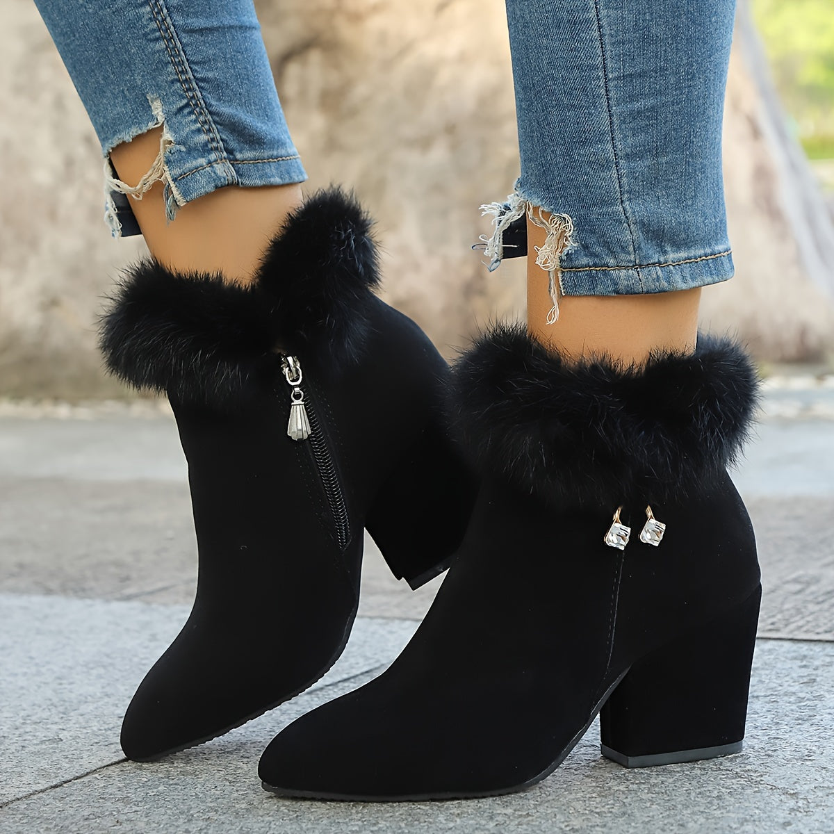 Black warm block-heel ankle Boots, front view