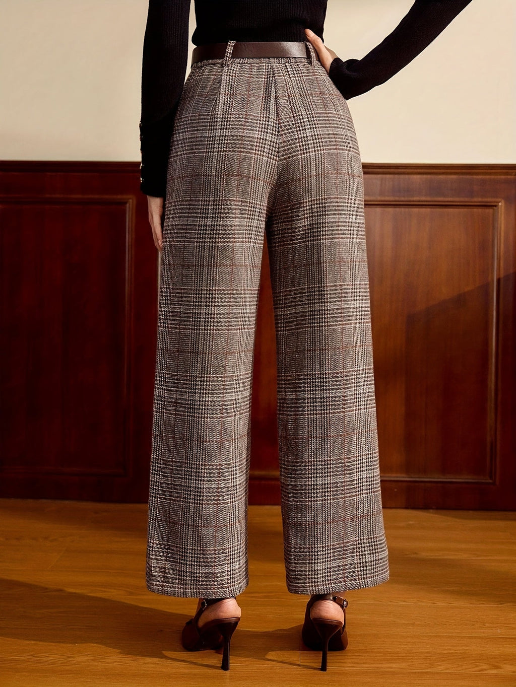 Coffee Brown Tailored Checked Pants