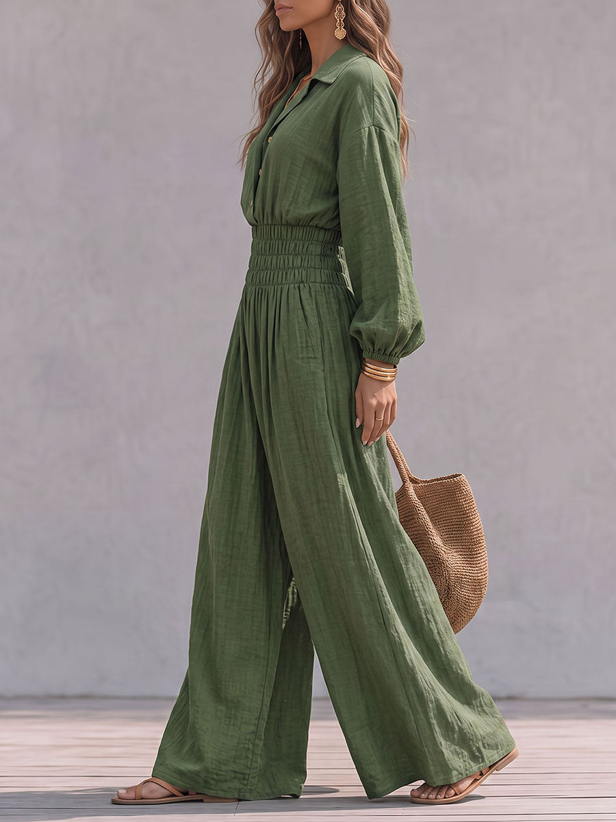 Olive Green Buttoned Lapel Jumpsuit