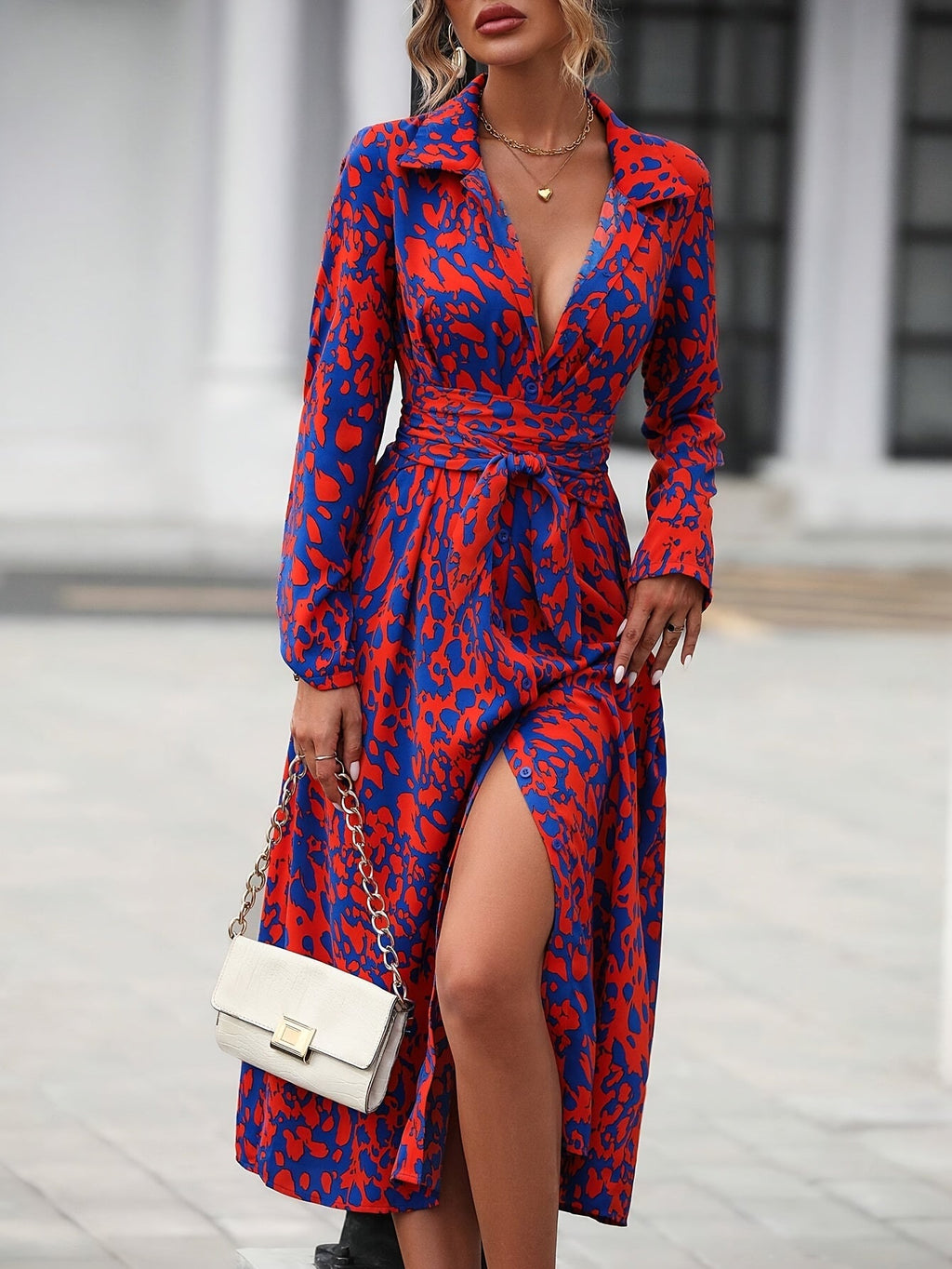 Geometric Print Belted Shirt Dress Summer