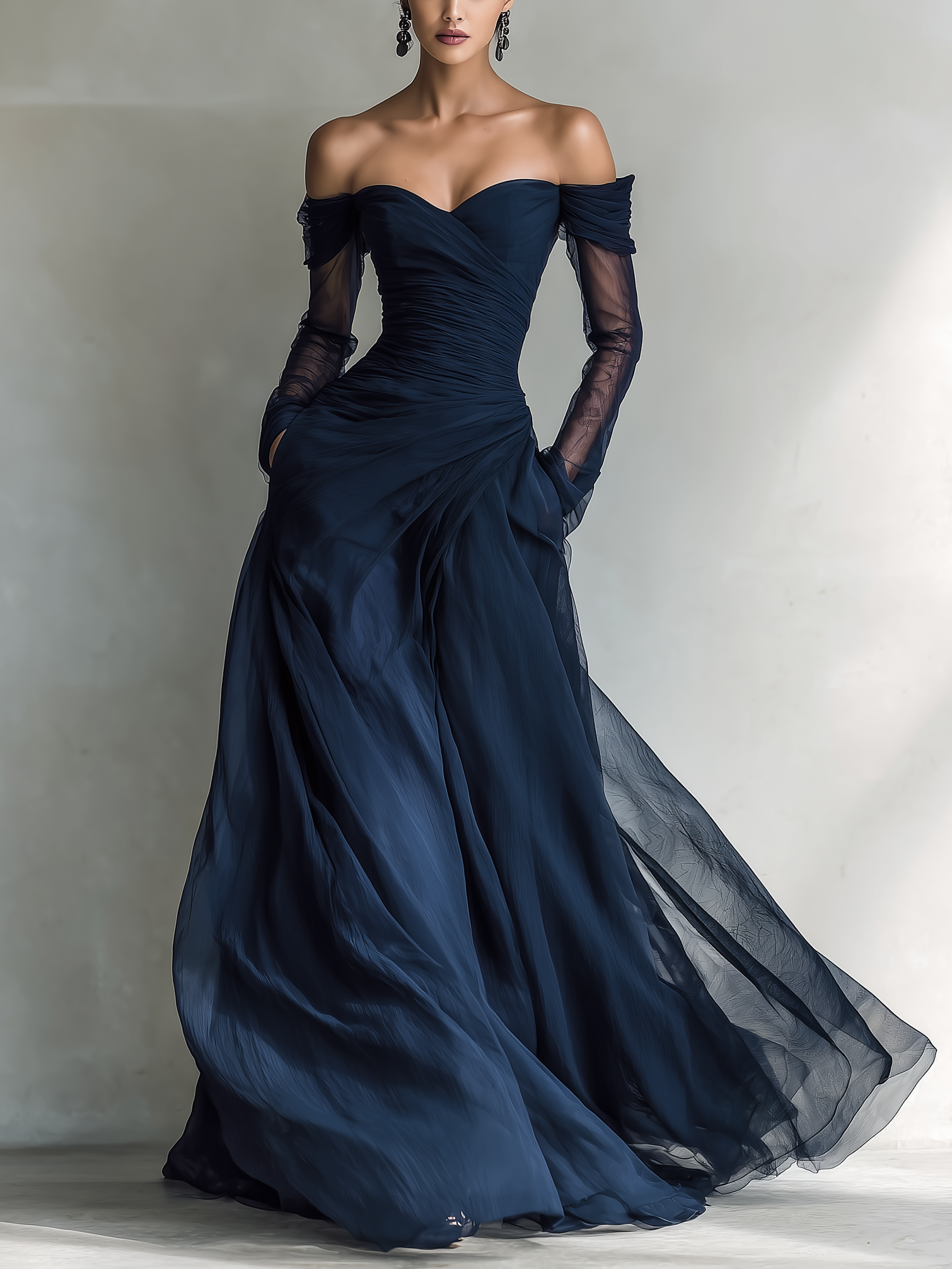 Dark Blue off-shoulder chiffon Formal Dress, front view