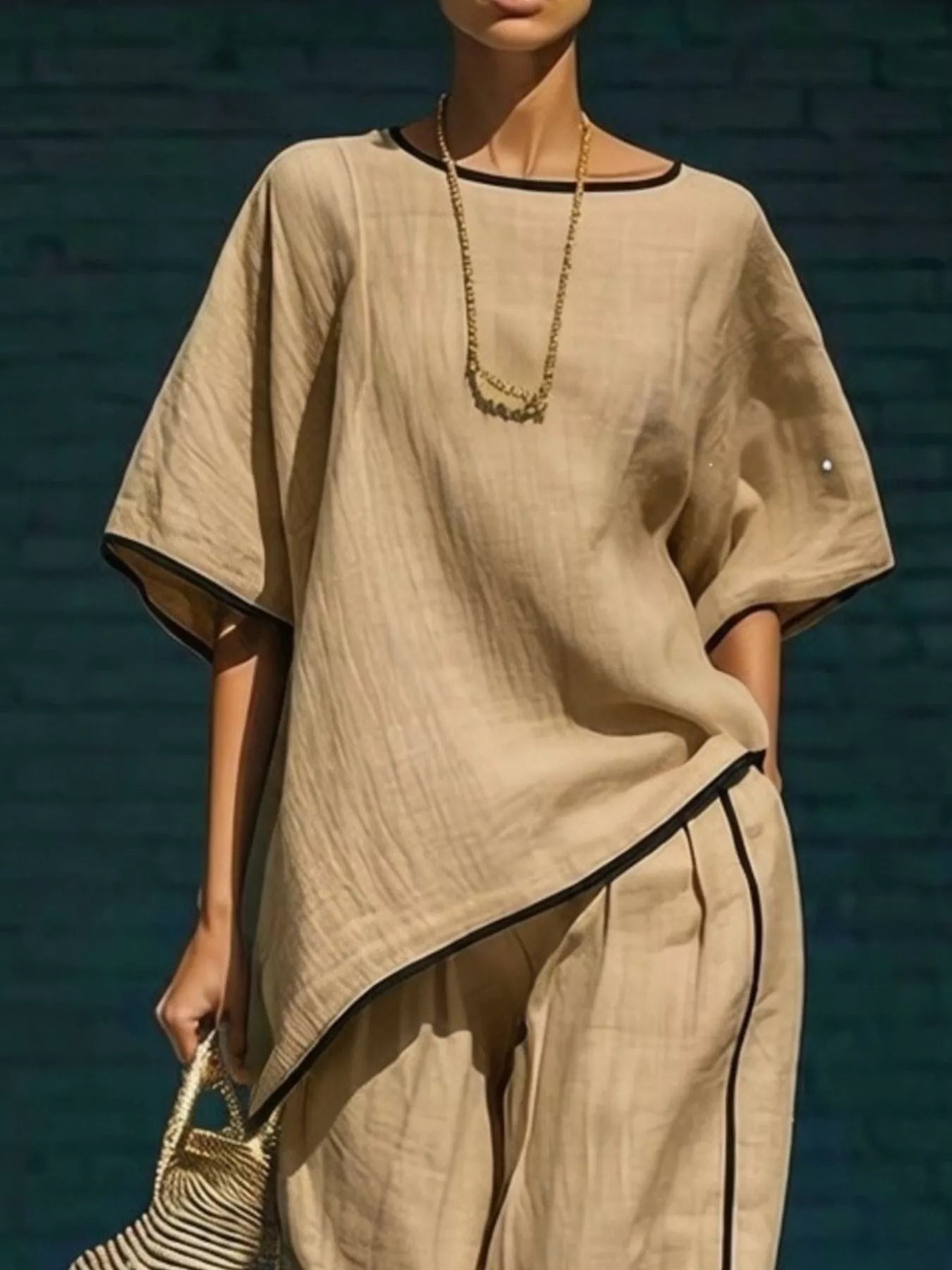 contrast trim round neck top and trousers co-ord set