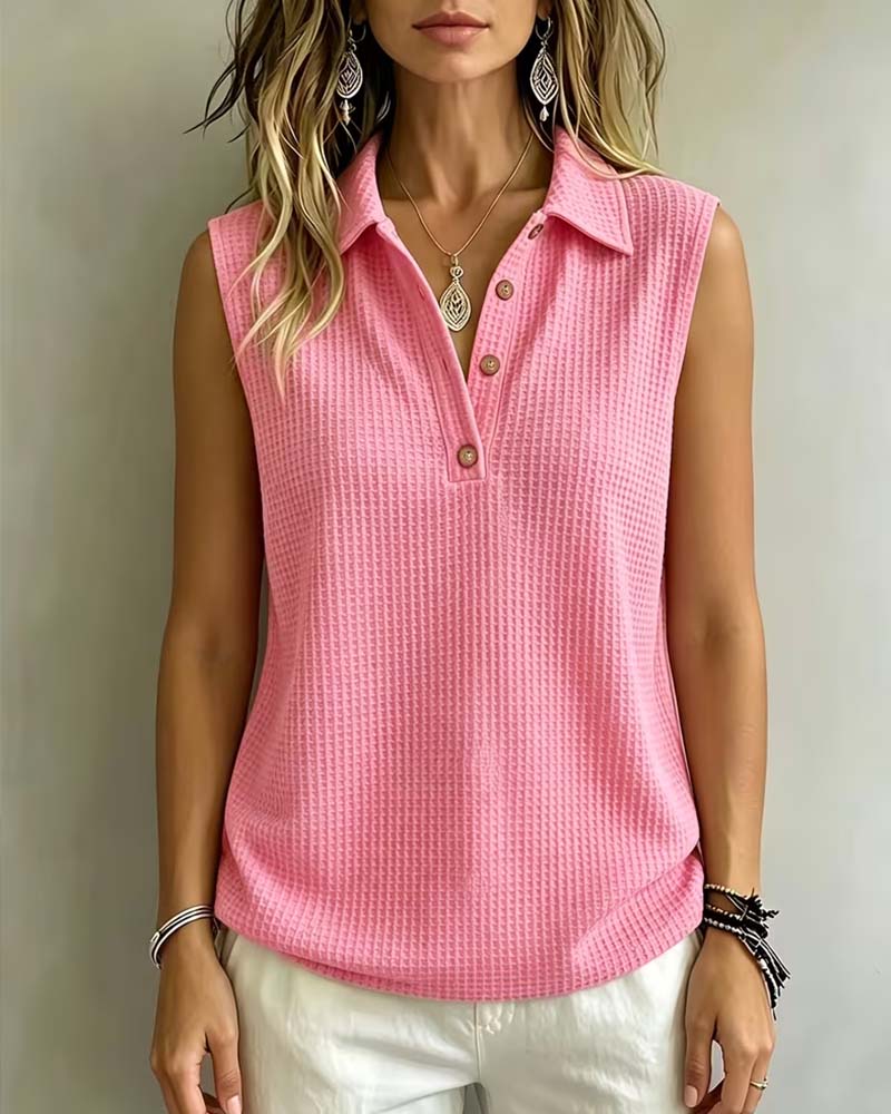 Women's polo collar waffle tank top in pink, detail view