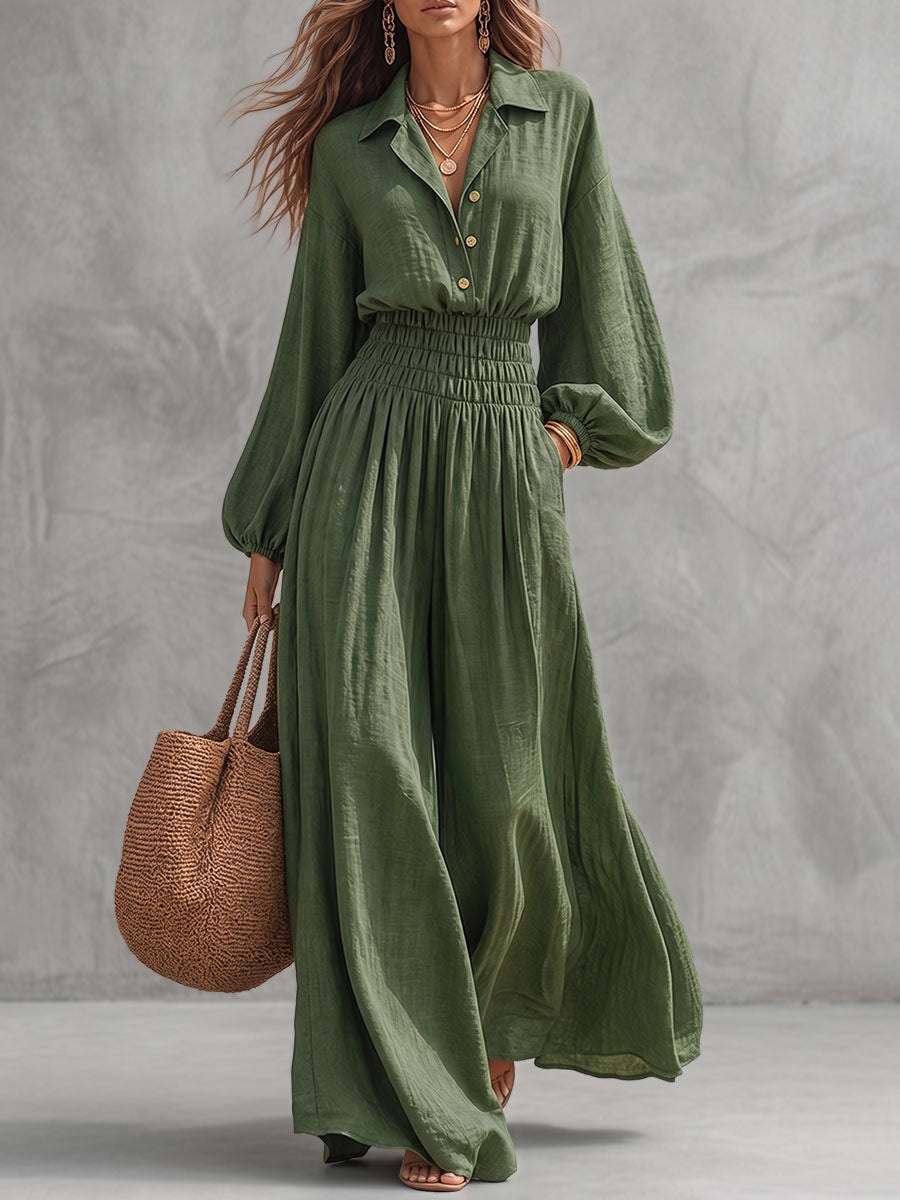 Olive Green Buttoned Lapel Jumpsuit, front view
