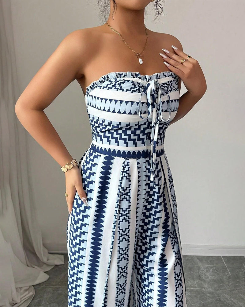 Blue bandeau slit wide leg jumpsuit, back view