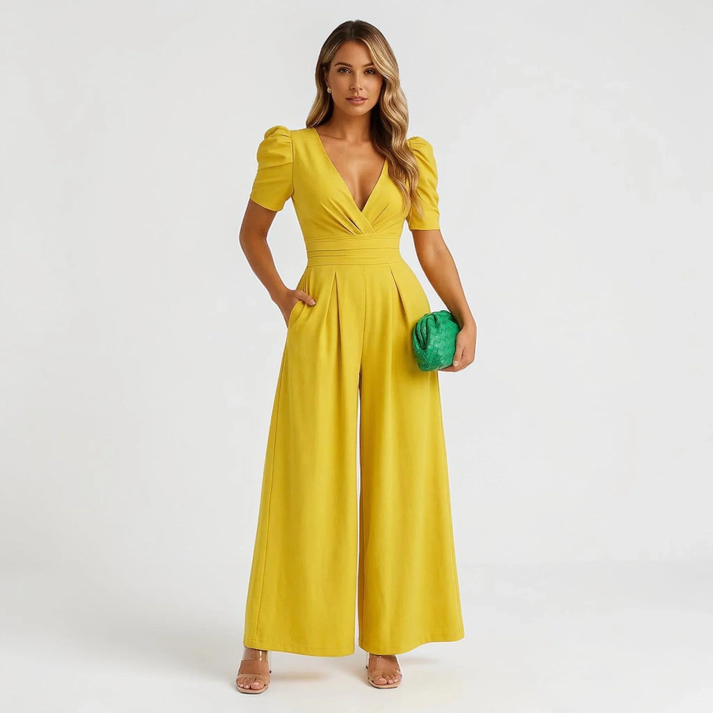 Green wide leg puff sleeve tailored jumpsuit summer - Senselle
