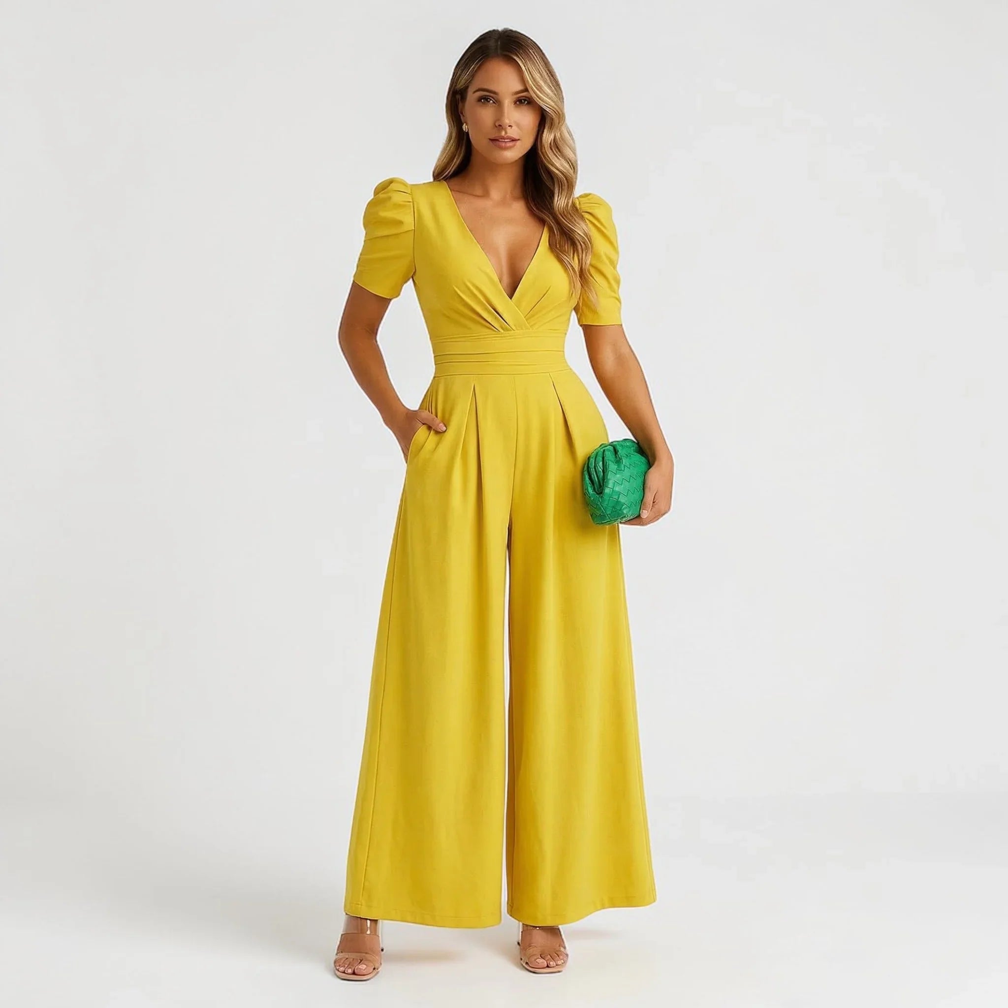 Wide Leg Tailored Fit Jumpsuit with Puff Sleeves