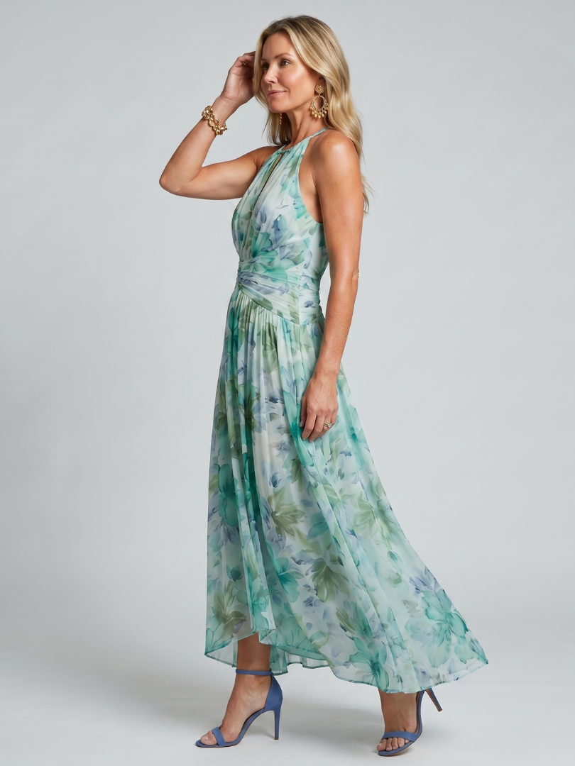 Portia - Pleated Halter Soft Floral Pattern Midi Dress