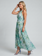 Portia - Pleated Halter Soft Floral Pattern Midi Dress