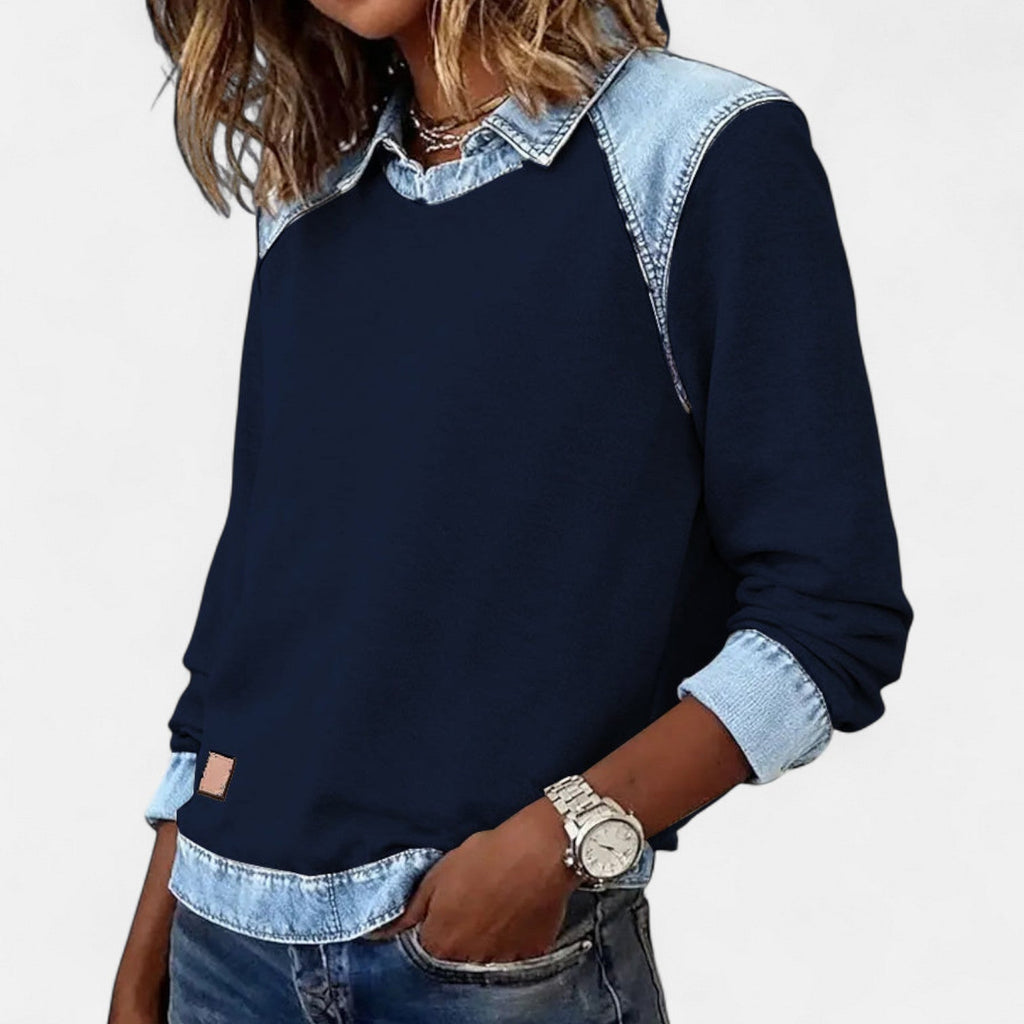 Beige denim-collar long-sleeve knit sweater with contrast denim collar and cuffs