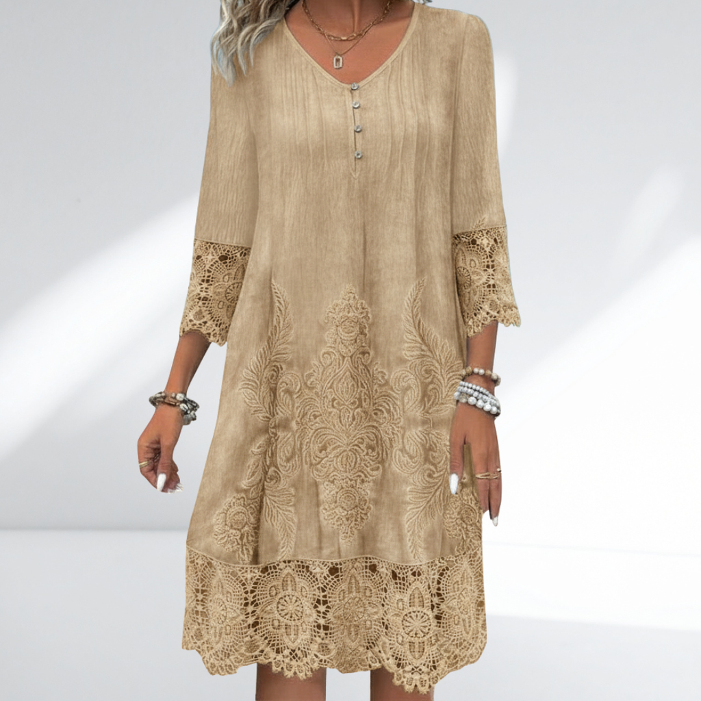 Lace Trim Embroidered Boho Dress Three Quarter Sleeve