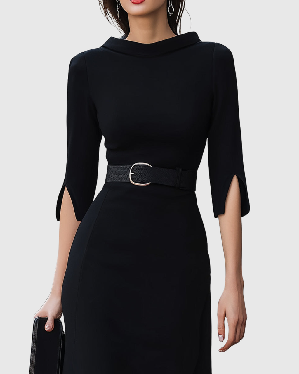 Belted High-Neck Black Midi Dress