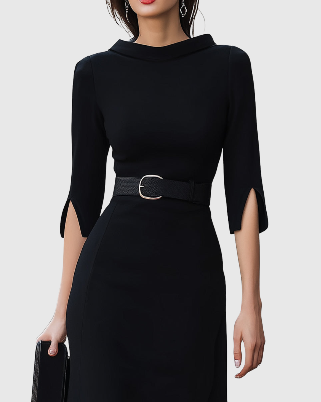 Belted High-Neck Black Midi Dress
