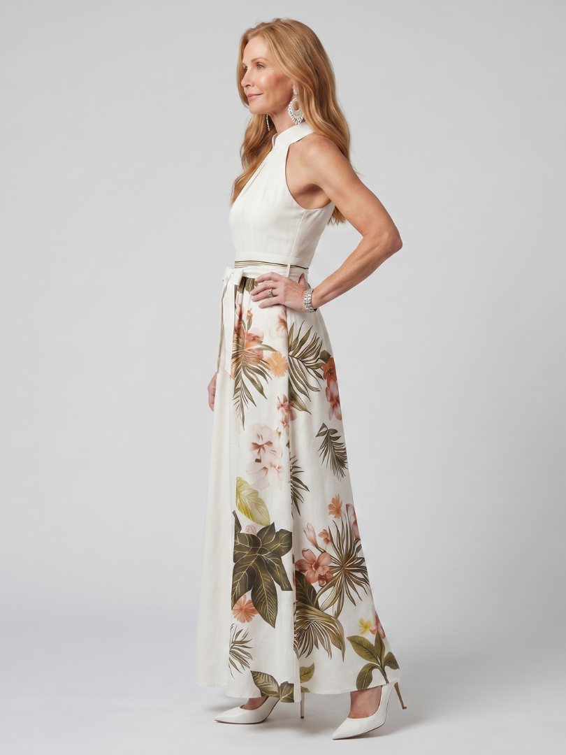 Meadow - Draped Halter Botanical Panel Maxi Dress
