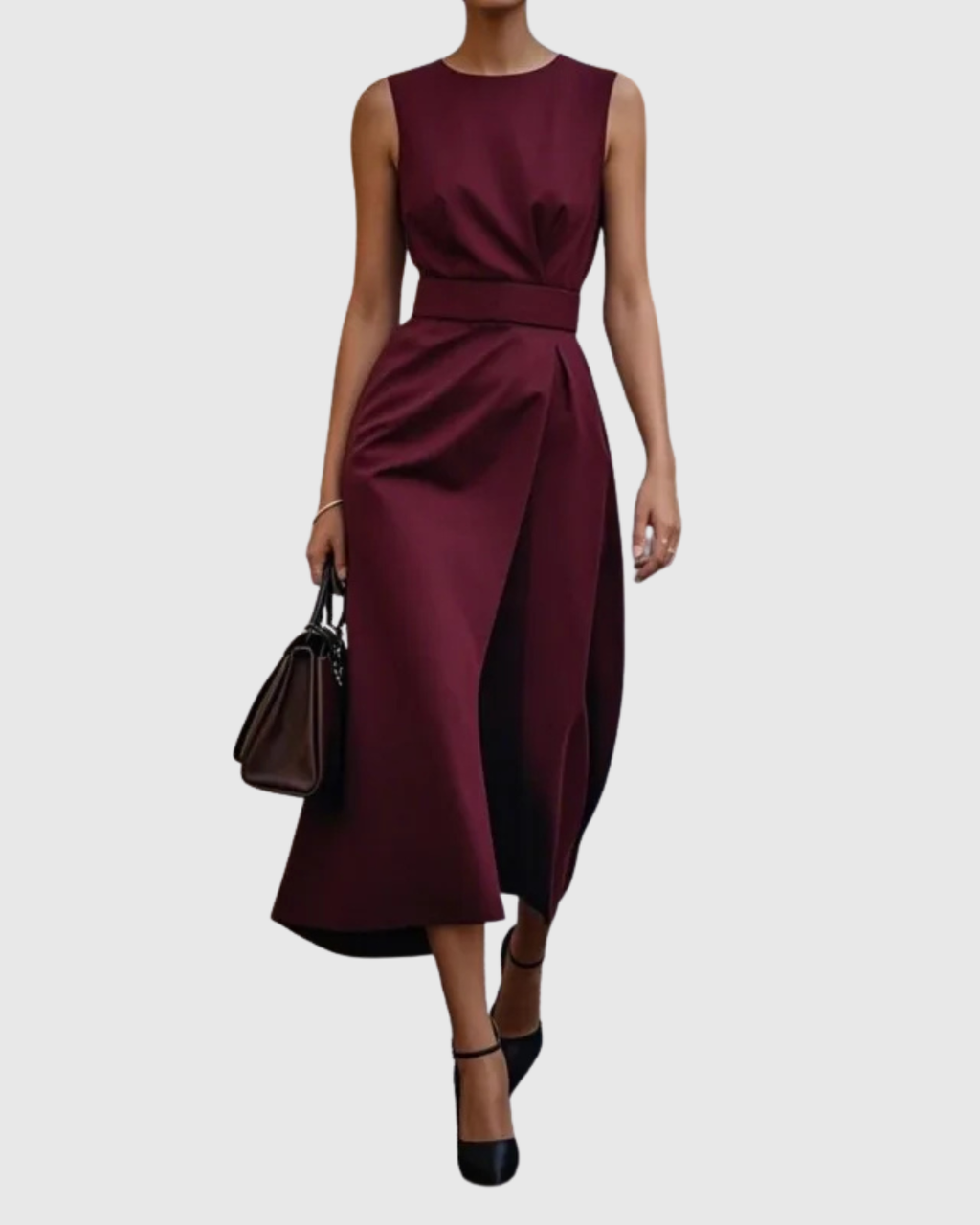 Dark Brown Round Neck Sleeveless Draped Midi Dress