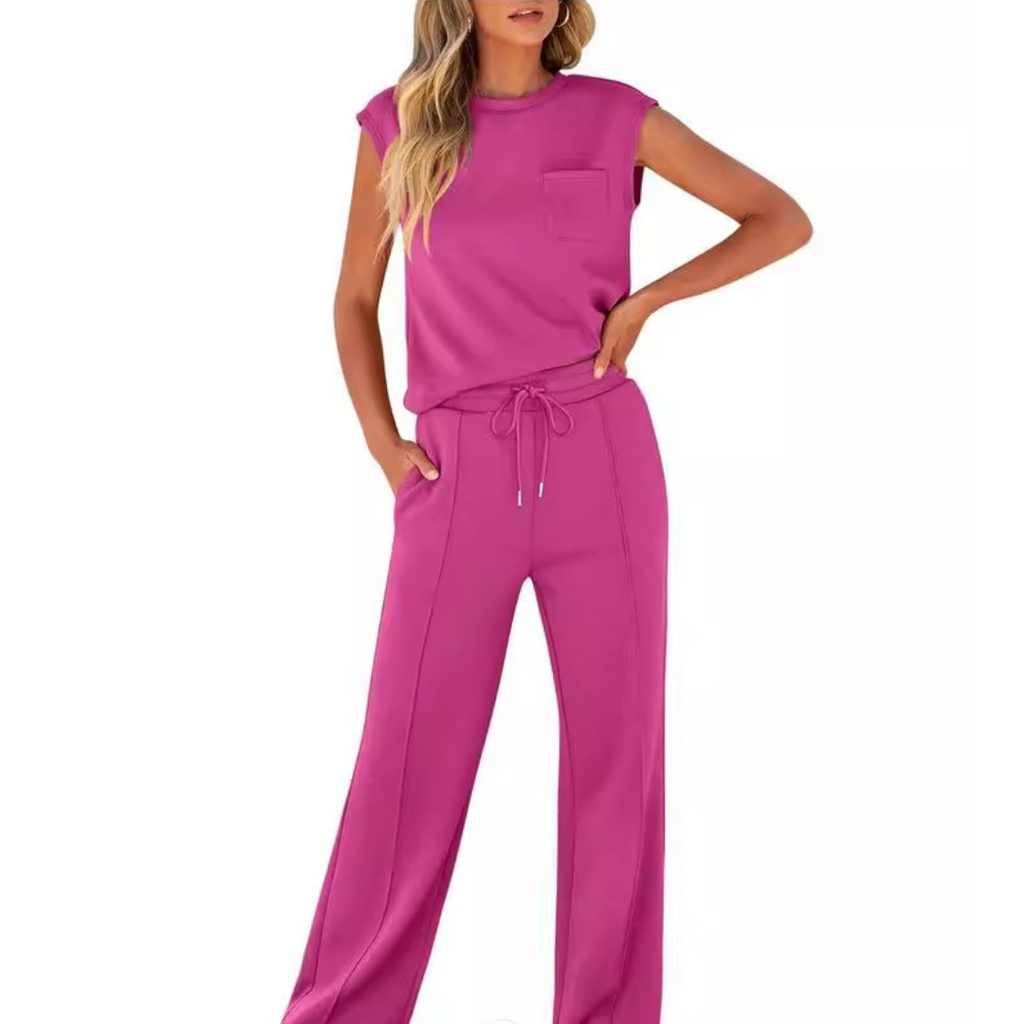 Red sleeveless round-neck top and trousers co-ord set