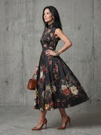 Greta - High Neck Keyhole Floral Pleated Midi Dress