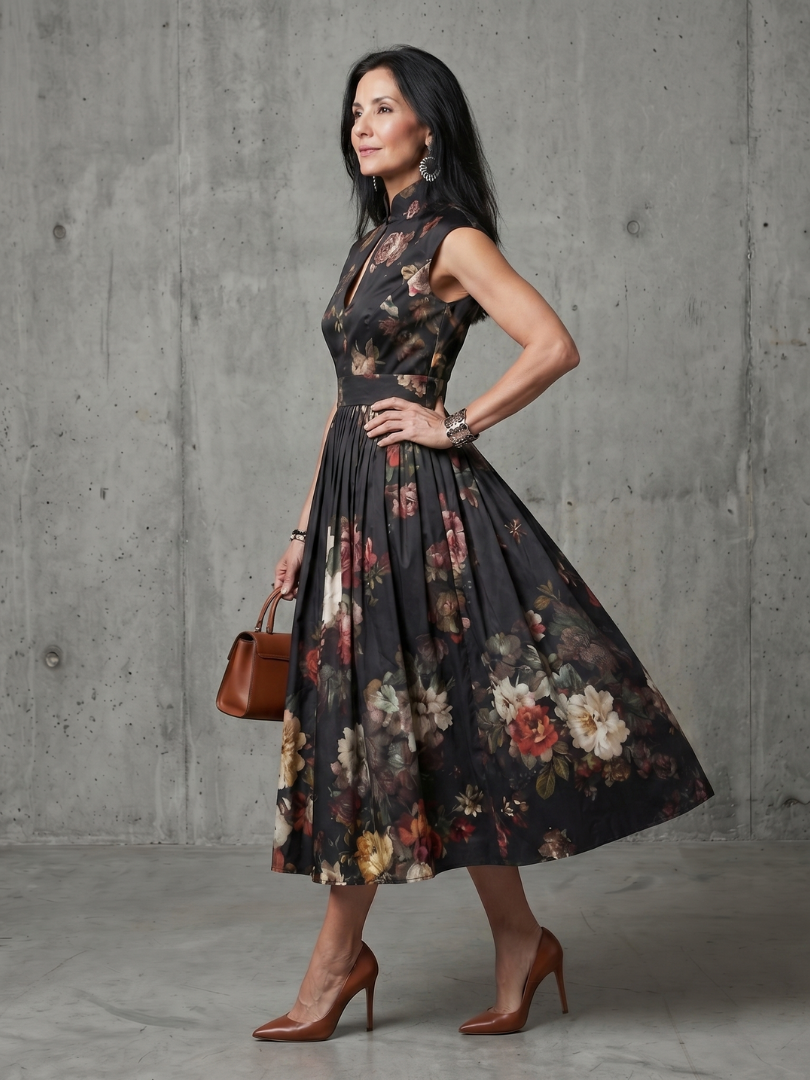 Greta - High Neck Keyhole Floral Pleated Midi Dress