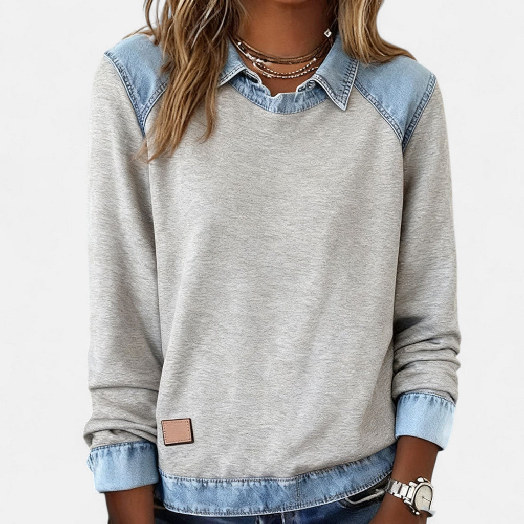 Beige denim-collar long-sleeve knit sweater with contrast denim collar and cuffs
