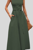 Casual Pleated Square-Neck Midi Dress