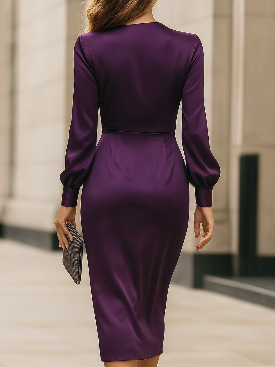 Purple Satin Wrap Midi Dress