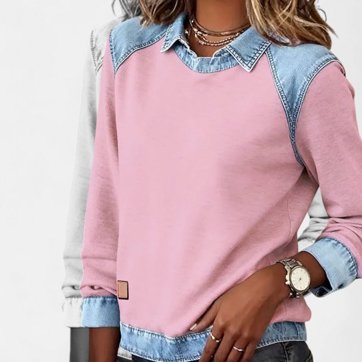 Beige denim-collar long-sleeve knit sweater with contrast denim collar and cuffs