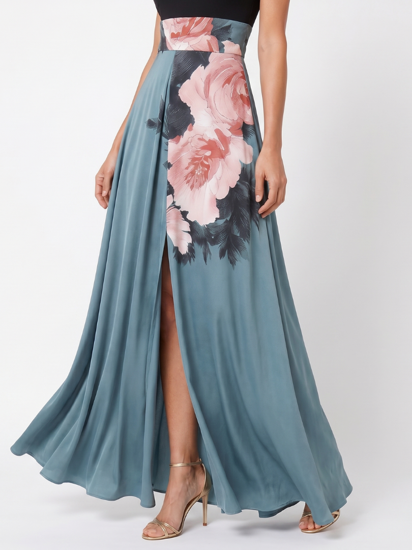 Olympas - Halter Bodice Floral Skirt Maxi Dress