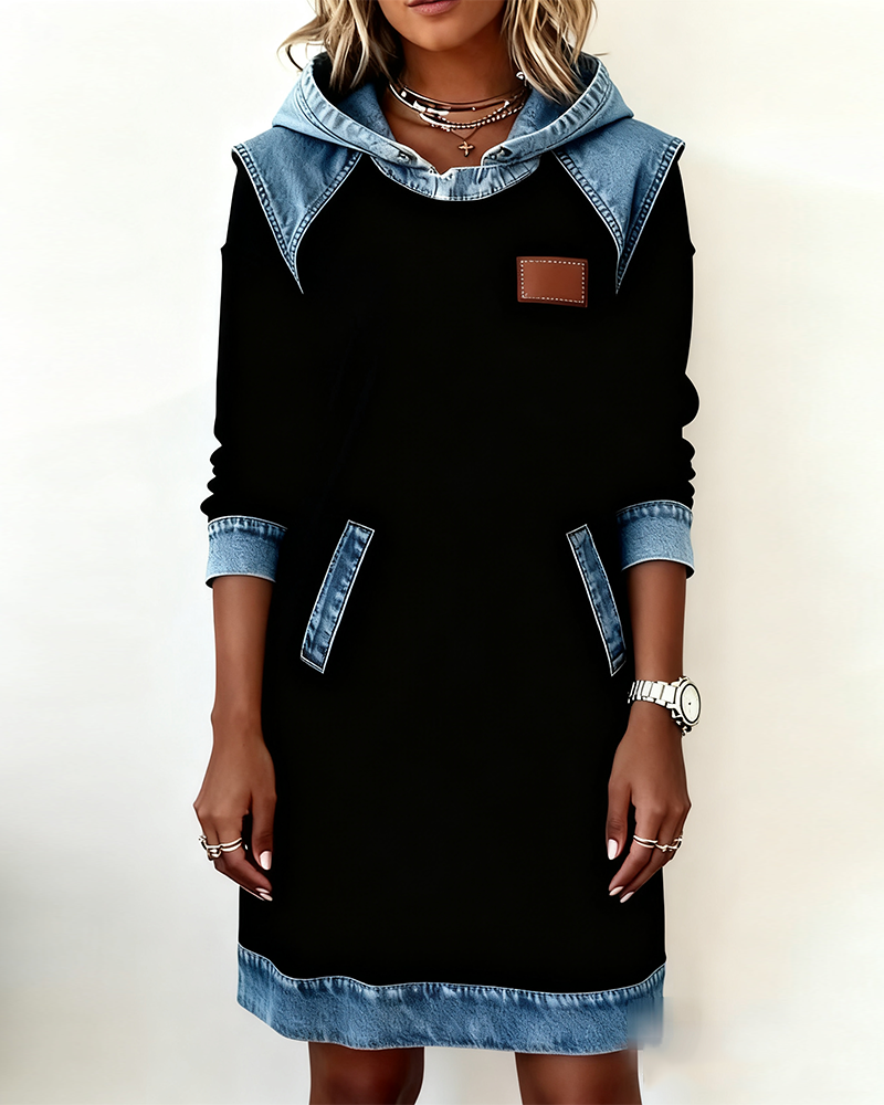 Navy Blue Hooded Panelled Colour Block Dress