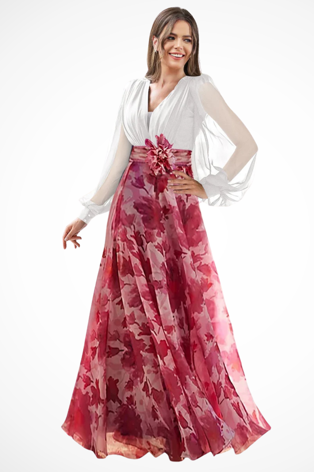 Floral Balloon Sleeve Wedding Guest Maxi Dress