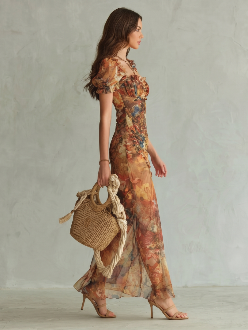Ciel - Ruffled Sleeve Ruched Slit Midi Dress