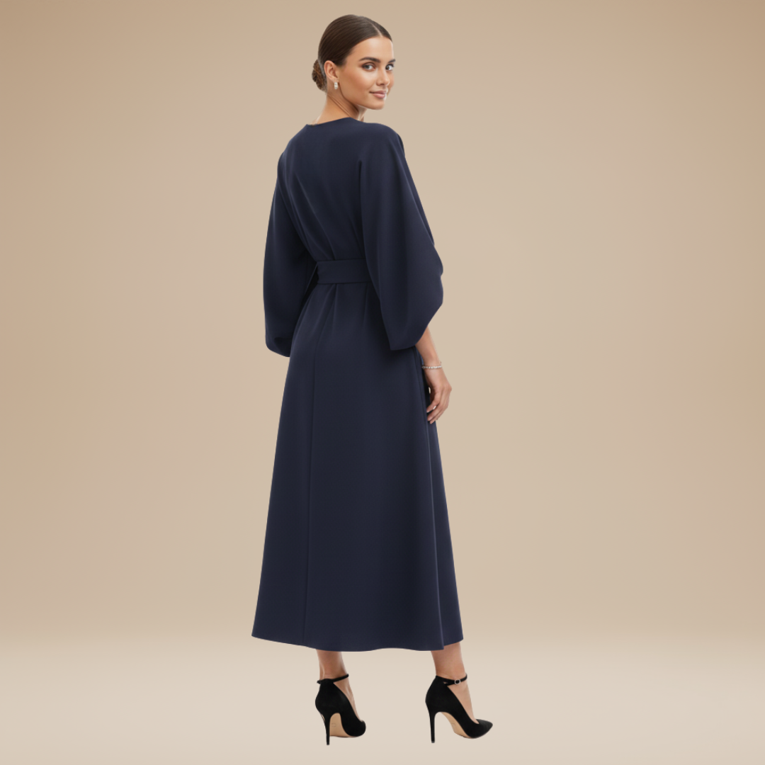 Belted Midi Dress with Wide Sleeves and Draped Waist