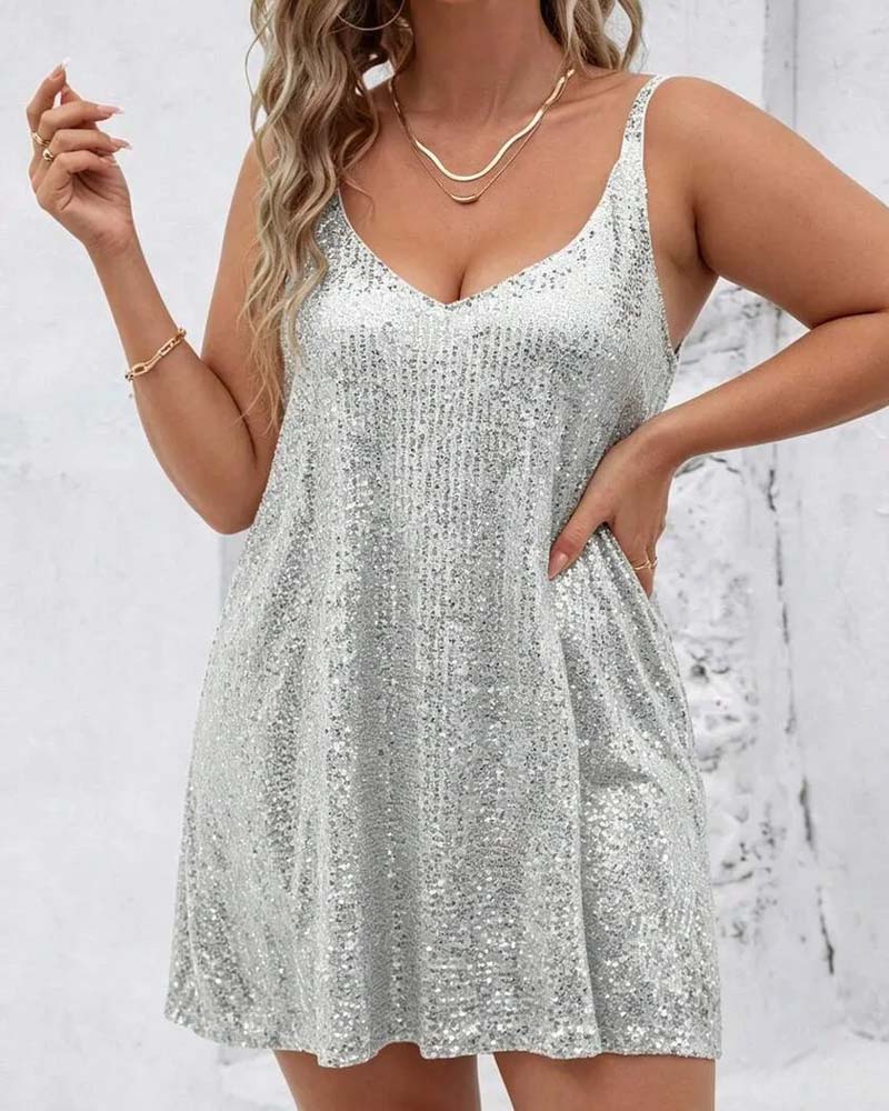 Silver V-neck sequin mini dress, full length view