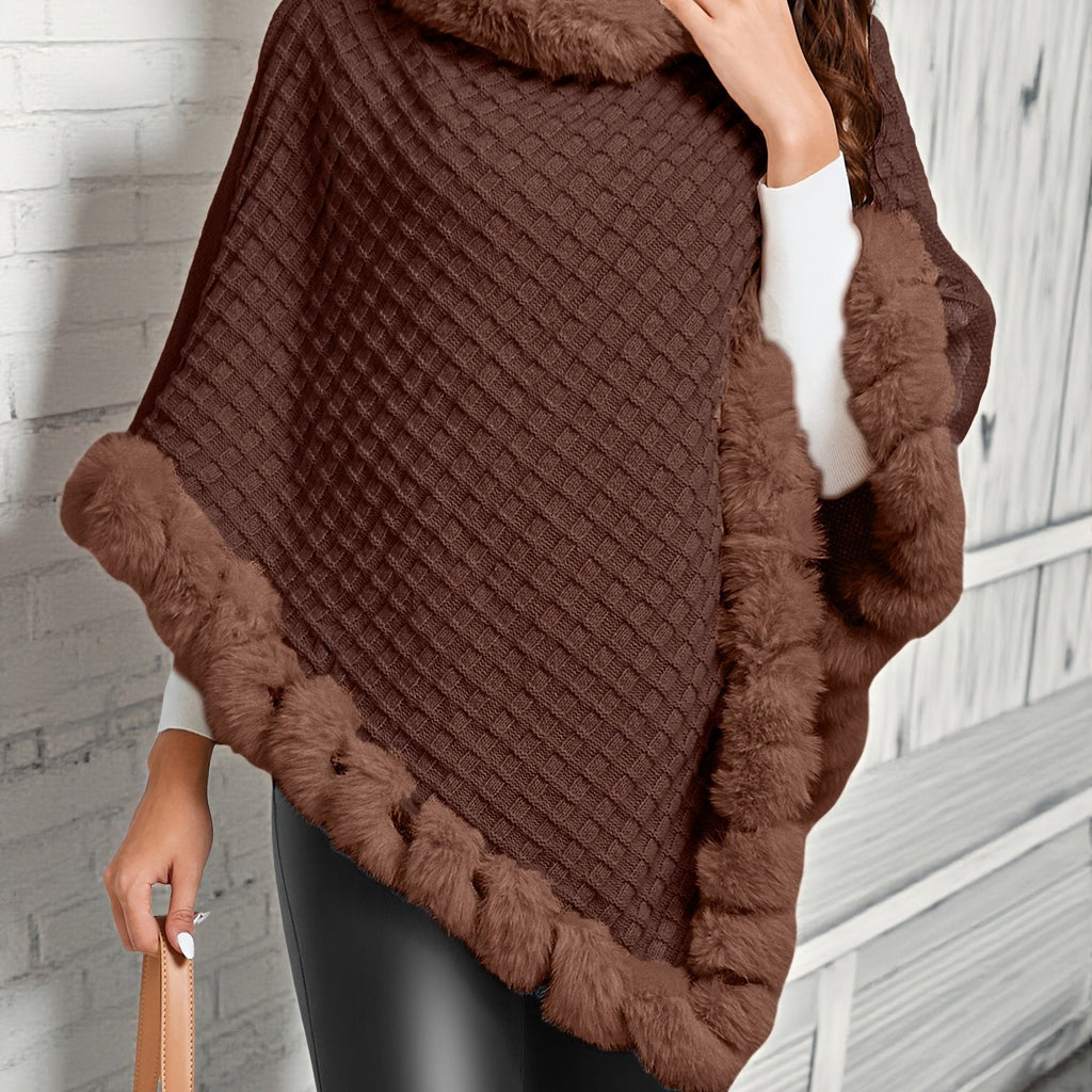 Coffee Brown cozy fur-trim poncho