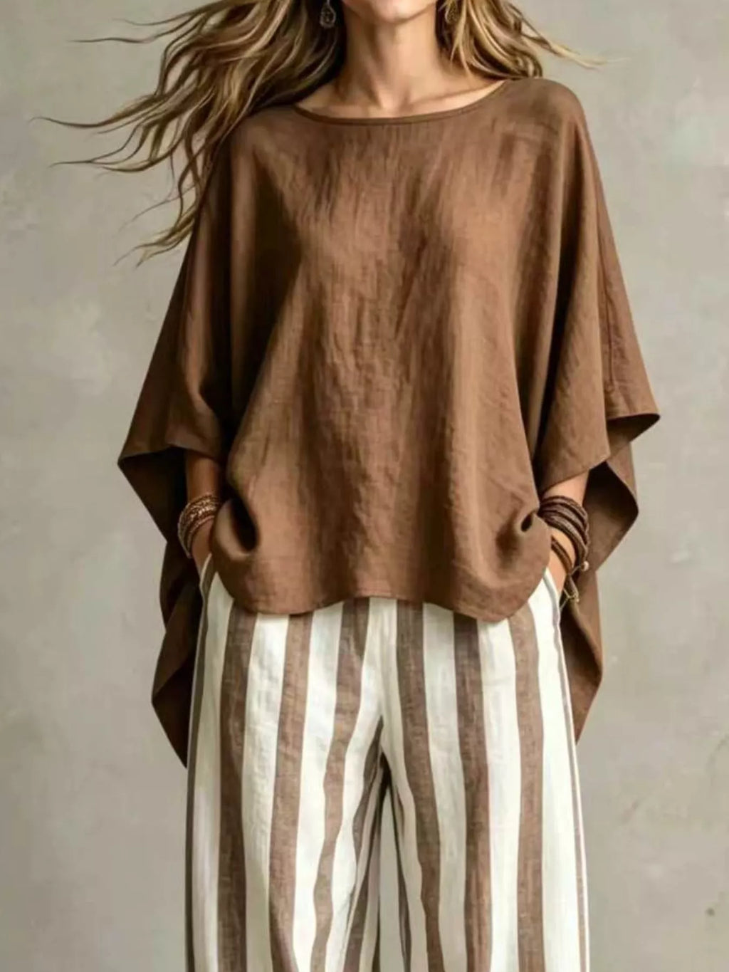Brown solid color top and trousers co-ord set