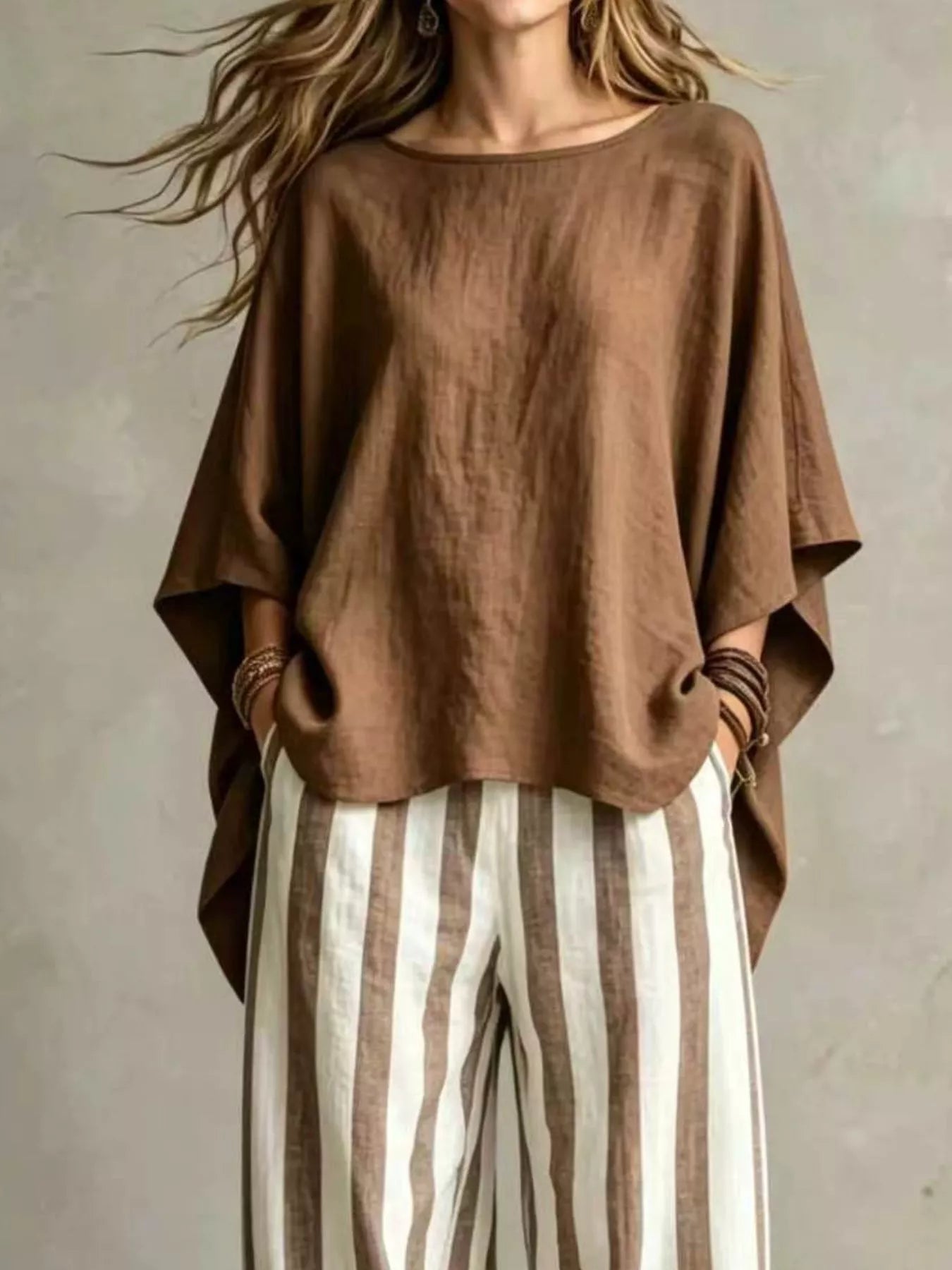 Brown solid color top and trousers co-ord set