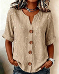 Khaki print V-neck button-front short sleeve blouse, front view