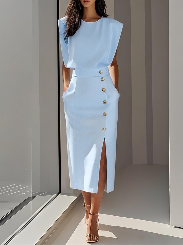 White Solid Midi Dress with Button Slit