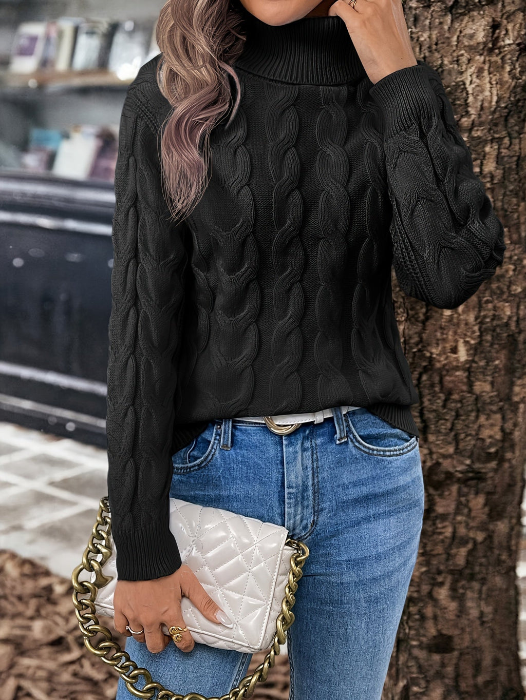 Red cozy cable-knit turtleneck sweater