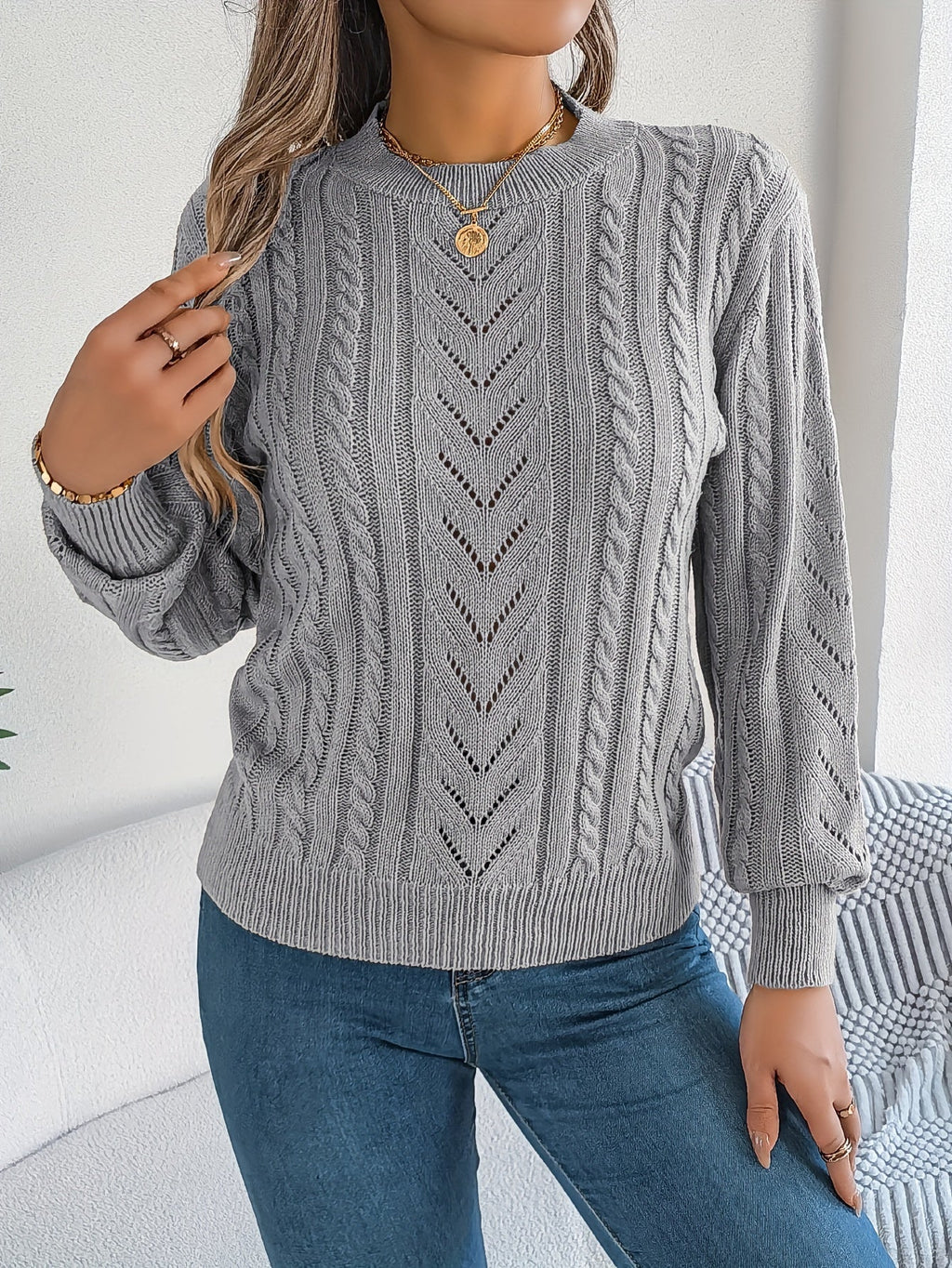 Khaki cable-knit textured sweater