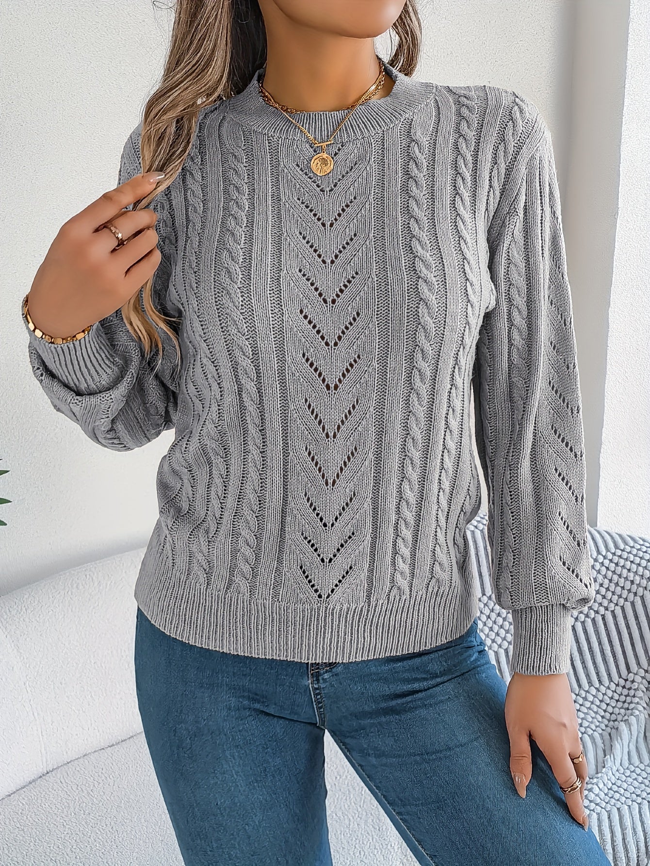 Khaki cable-knit textured sweater