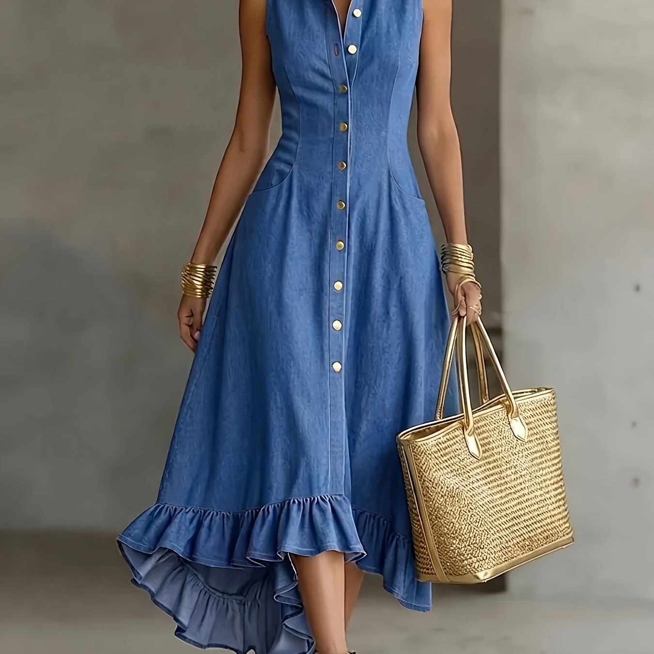 Blue Button-Front Denim Dress