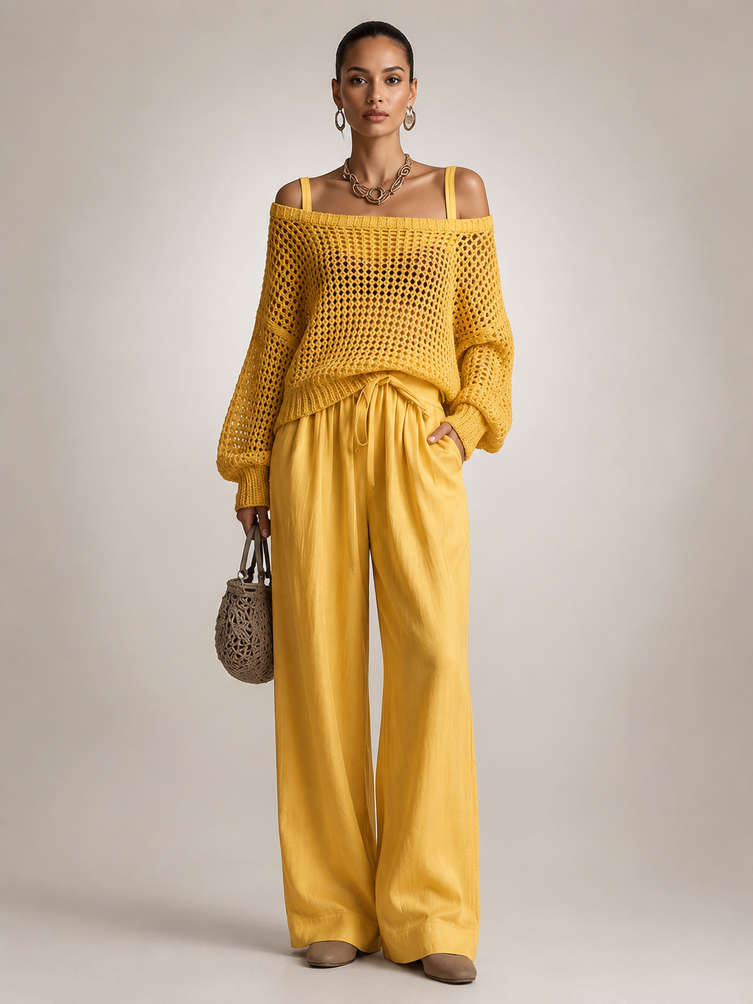 Yellow off-shoulder knit co-ord set