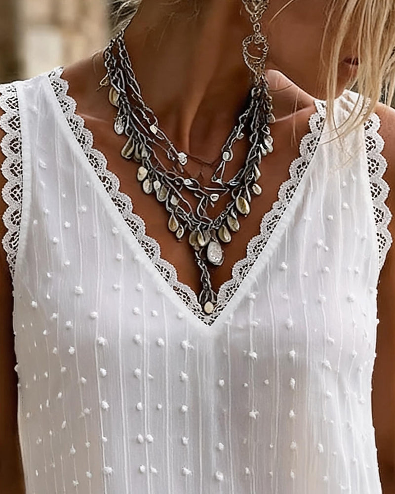 White lace trim jacquard tank top for women, full view