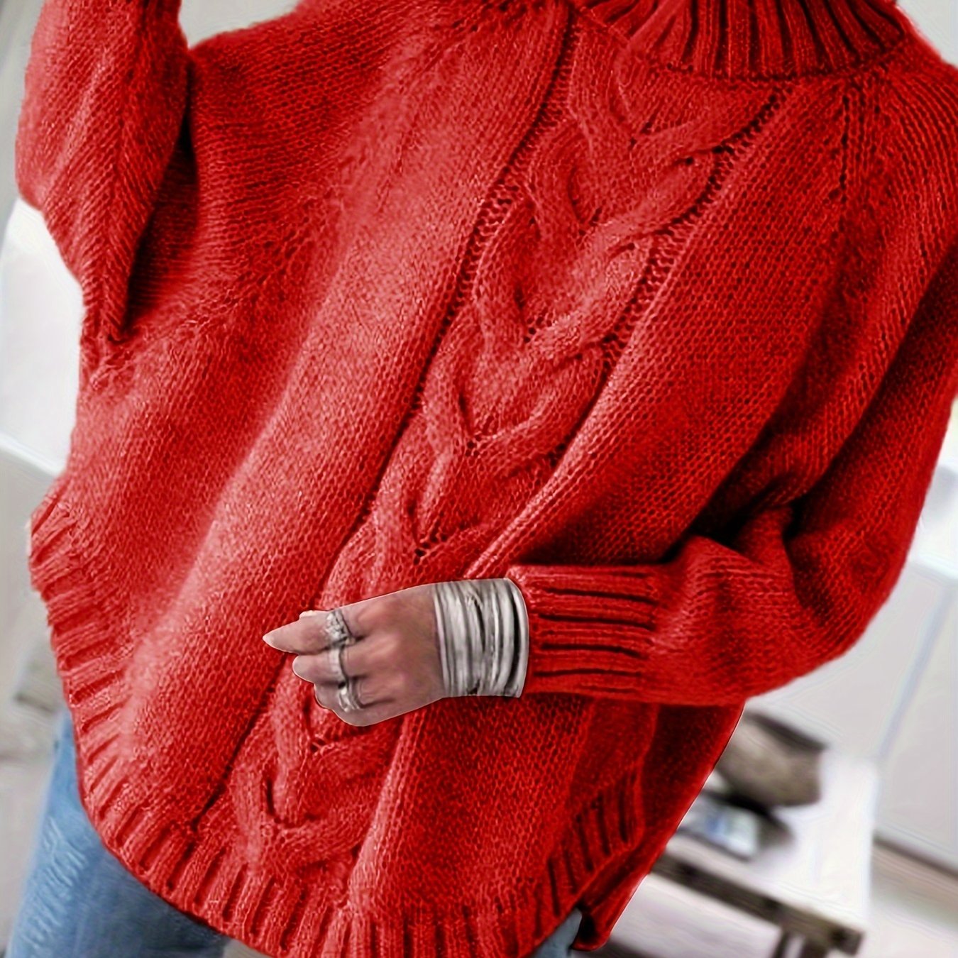 Dark Gray cable-knit high-neck sweater
