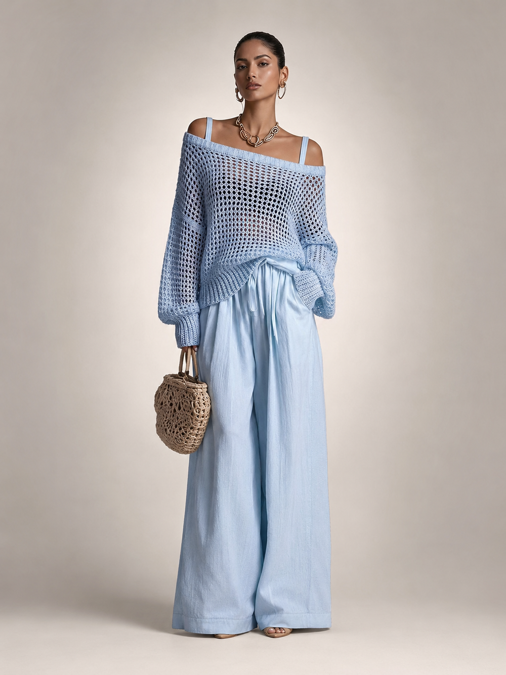 Light Blue off-shoulder knit co-ord set, front view