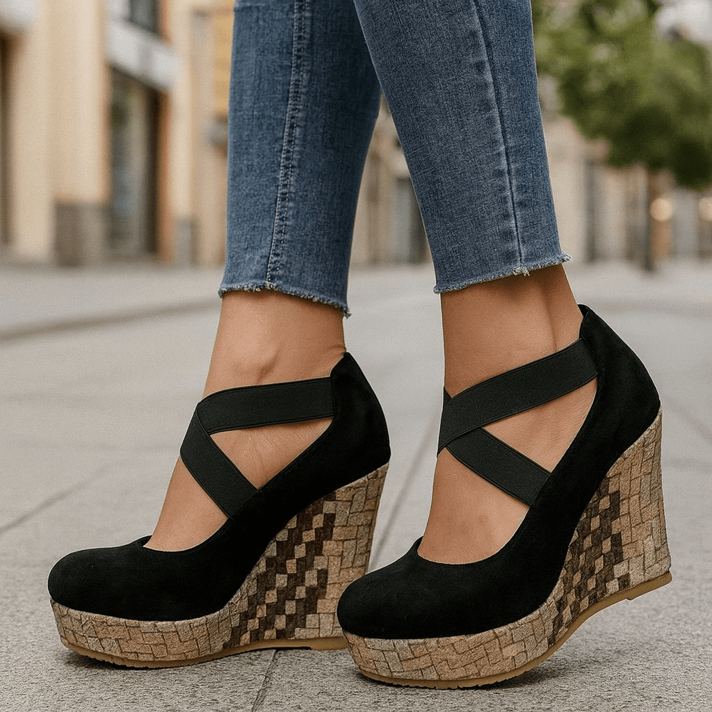 Black crisscross platform wedge Heels